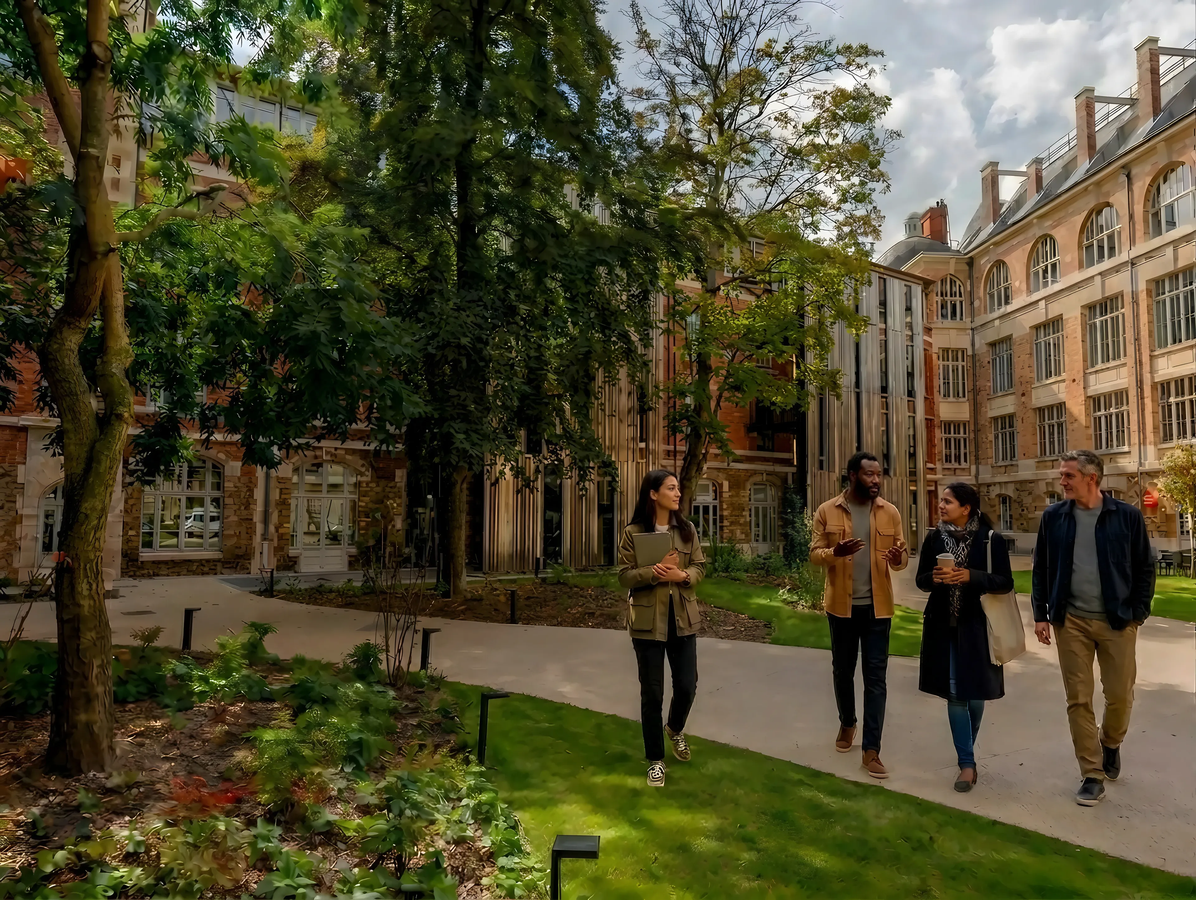Students collaborating on a university campus